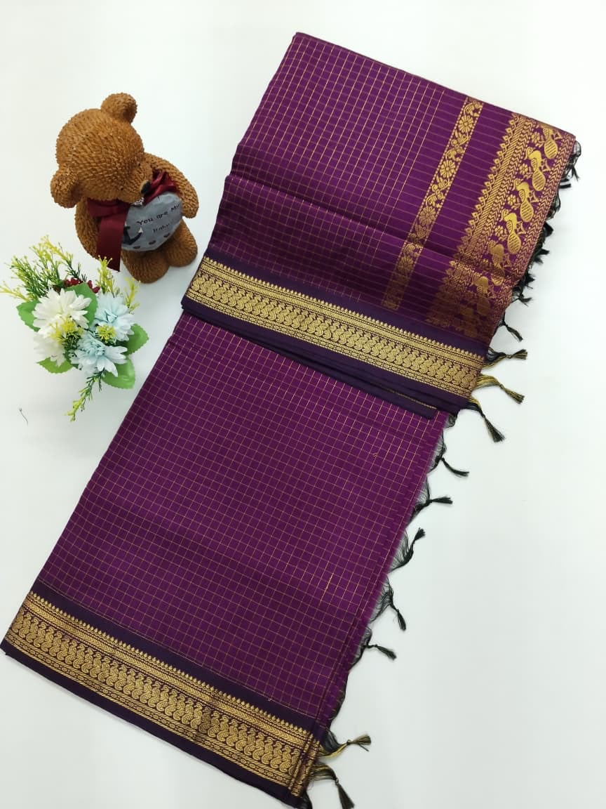 Checked Cotton Saree with Zari Pallu & Contrast Blouse