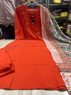 Pure Cotton Mirror Work A-Line Kurta Pant Dupatta Set
