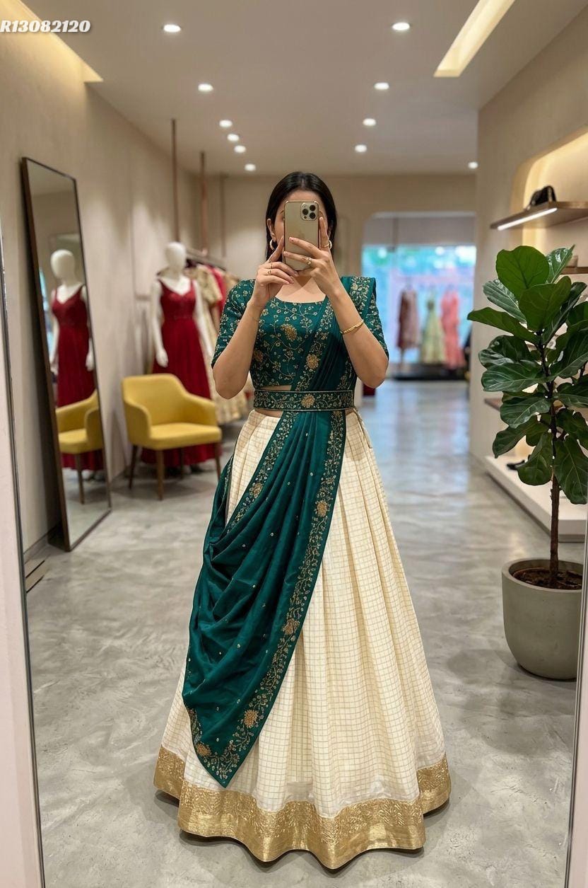 Person wearing a traditional outfit with a green and white design in a store setting.