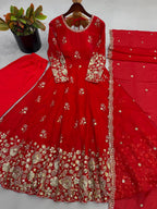 Embroidered Fendy Silk Gown Pant Dupatta Set
