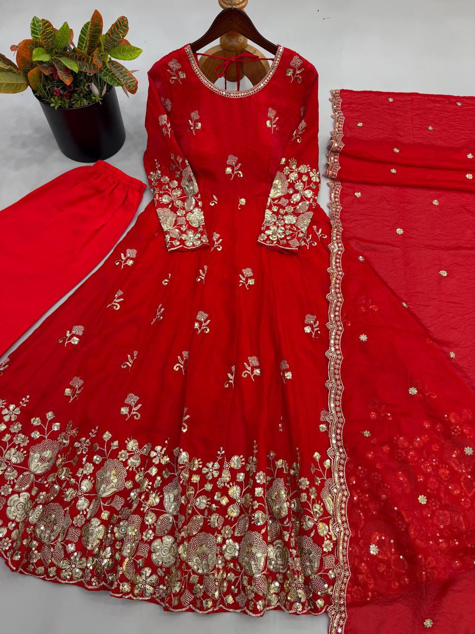 Embroidered Fendy Silk Gown Pant Dupatta Set