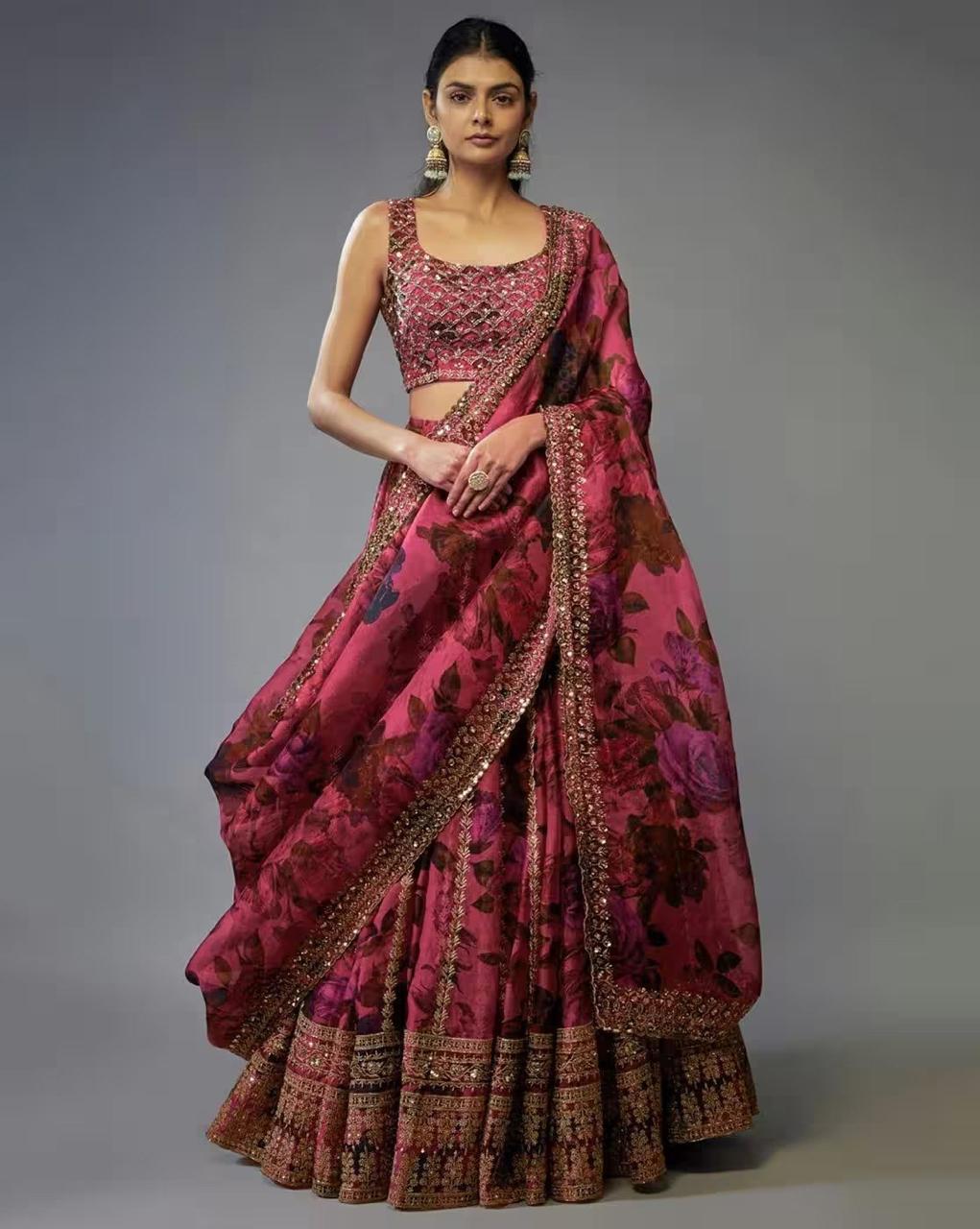 Organza Zari & Sequins Embroidered Lehenga Set with Dupatta