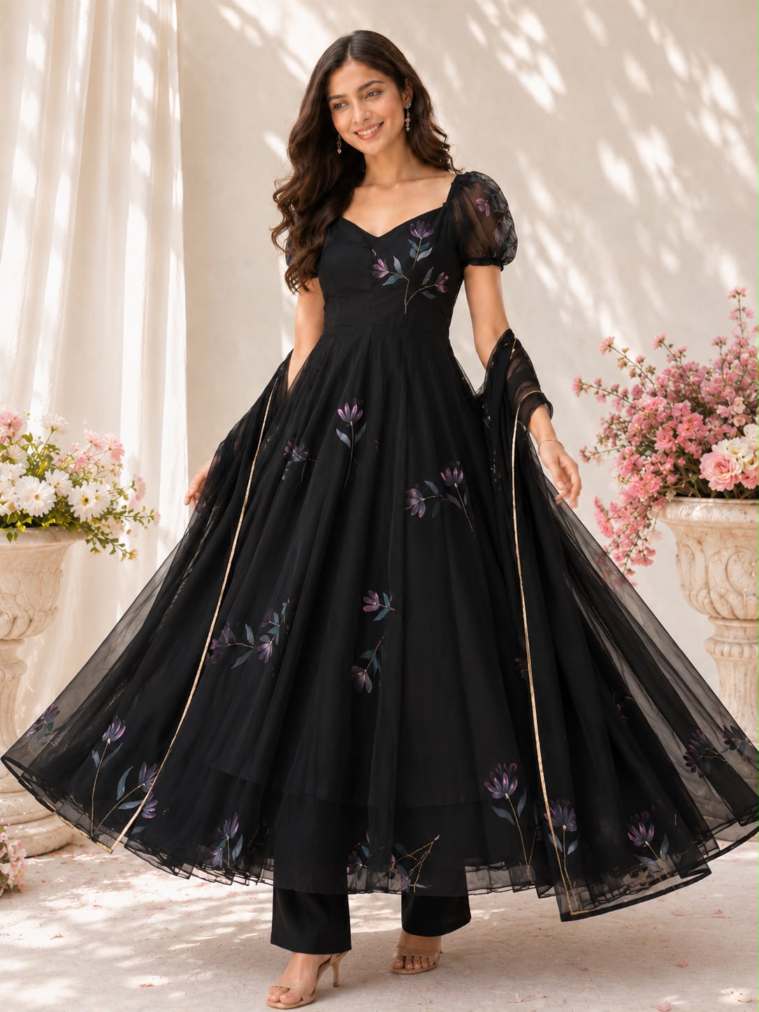 Handpainted Georgette Anarkali Suit Set with Dupatta