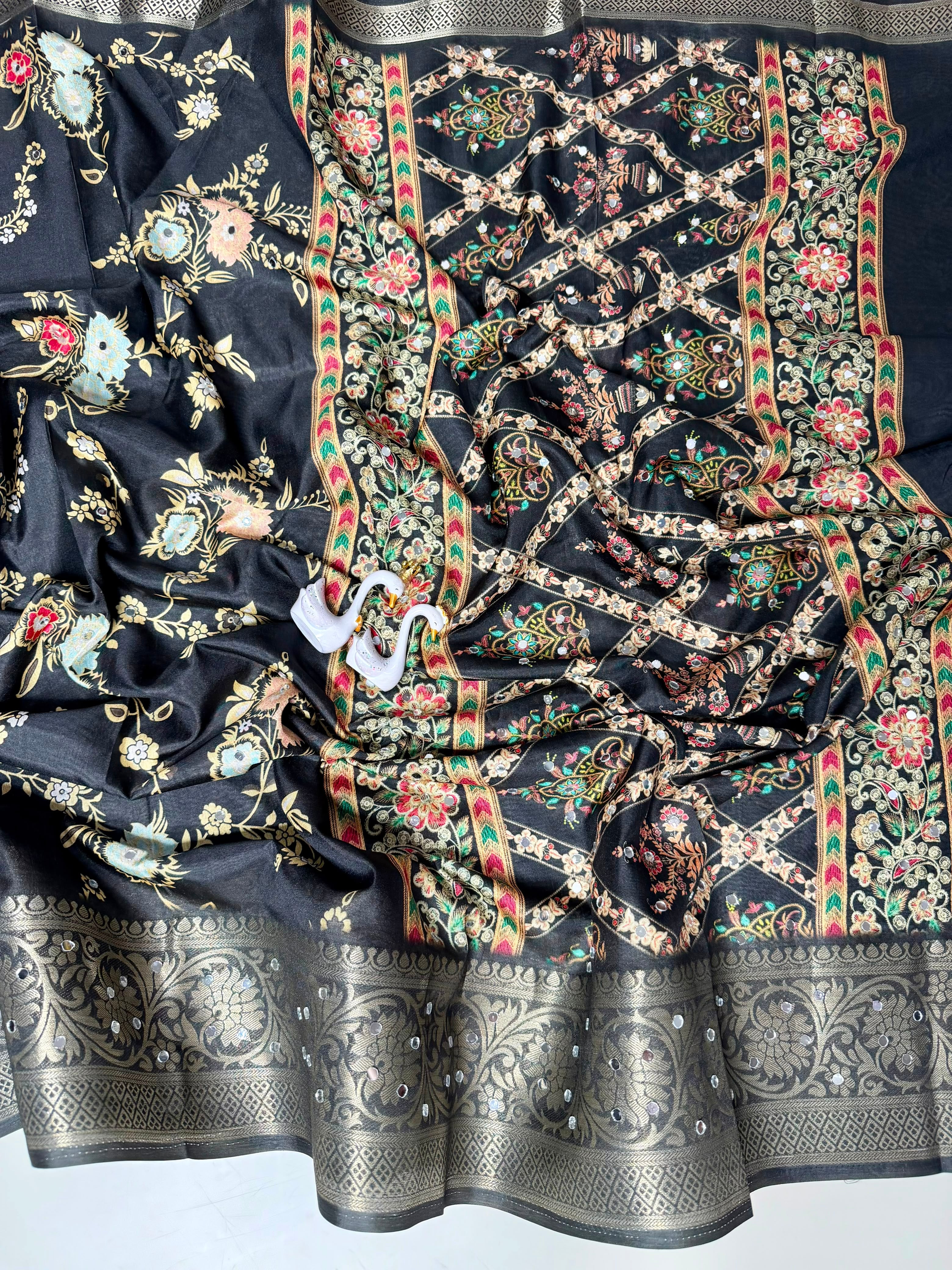 Floral Print Digital Silk Saree with Mirror Work