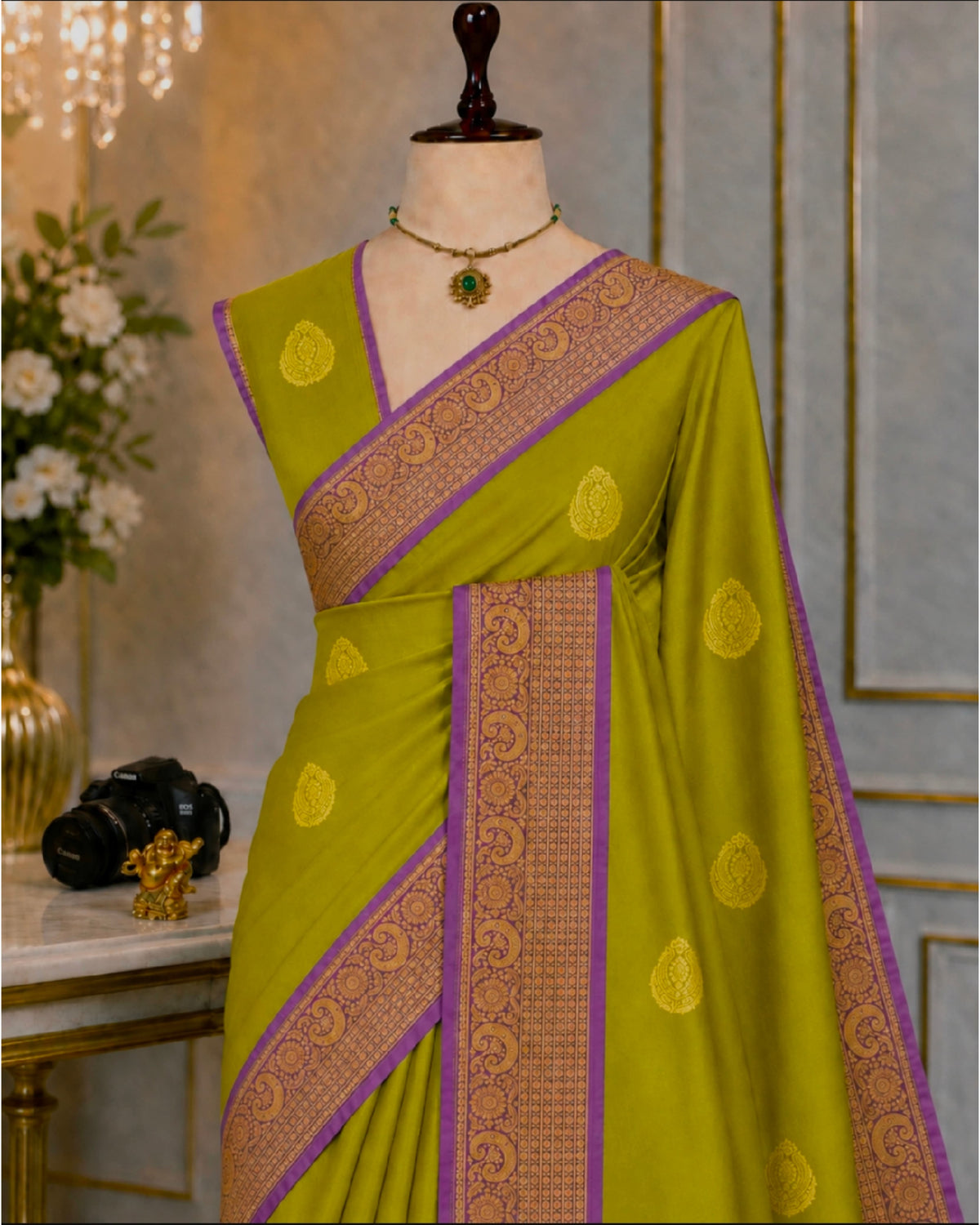 Fusion Korvai Soft Silk Saree with Golden Zari Buttas & Contrast Border