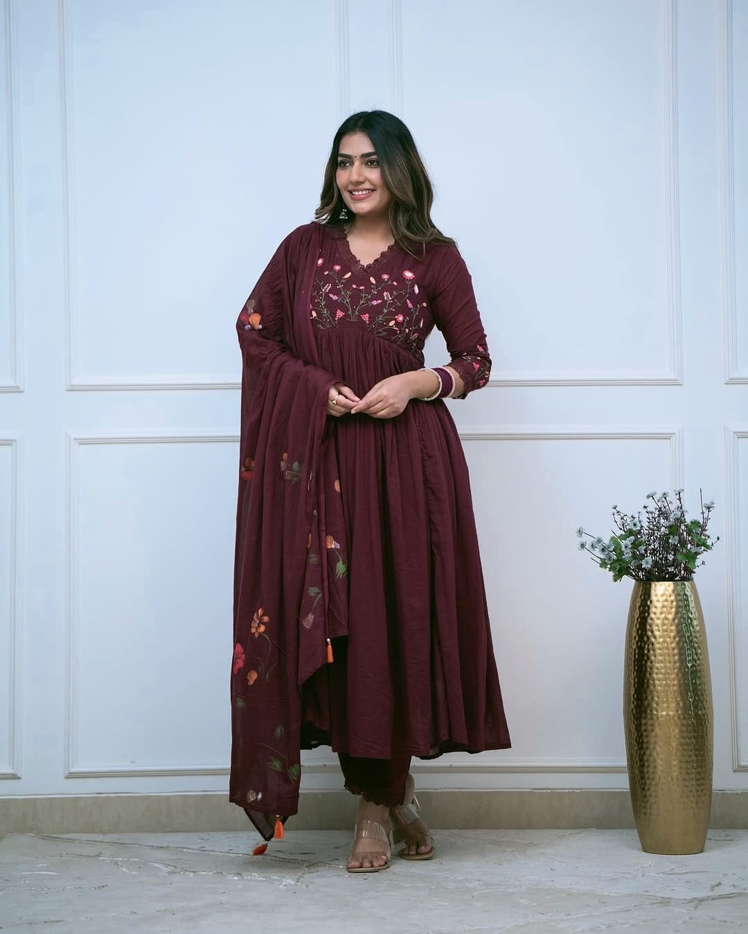 Embroidered Cotton Kurta Pant Set with Printed Cotton Malmal Dupatta