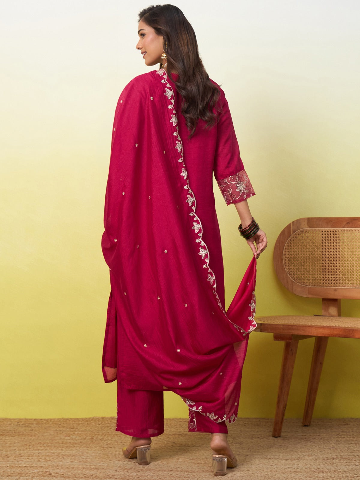 Embroidered Vichitra Silk Kurta Pant Set with Dupatta