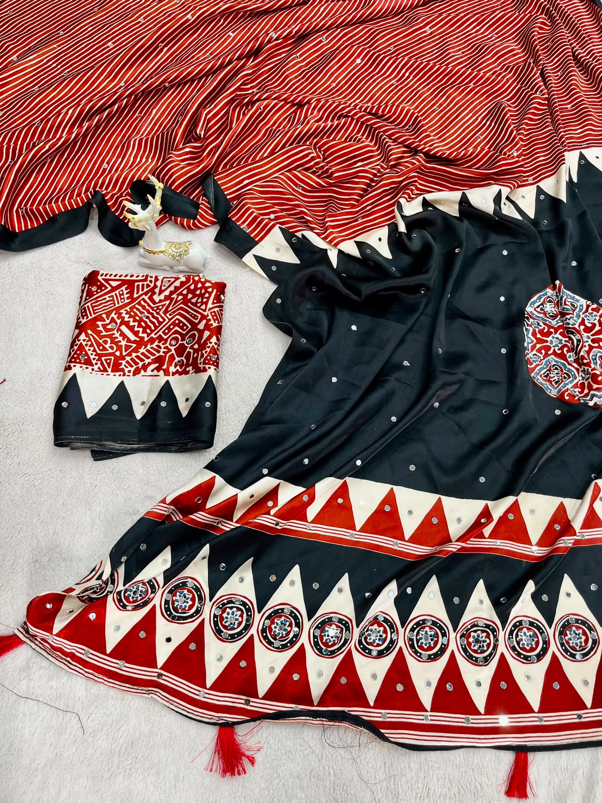 Semi Gajji Silk Ajrakh Print Saree with Mirror Work