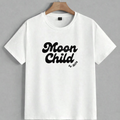 White t-shirt with 'Moon Child' text on a gray background