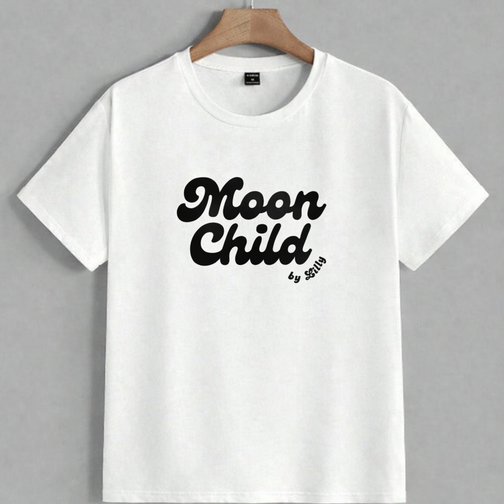 White t-shirt with 'Moon Child' text on a gray background