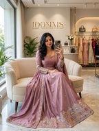 Embroidered Chinon Silk Gown Pant Set with Dupatta