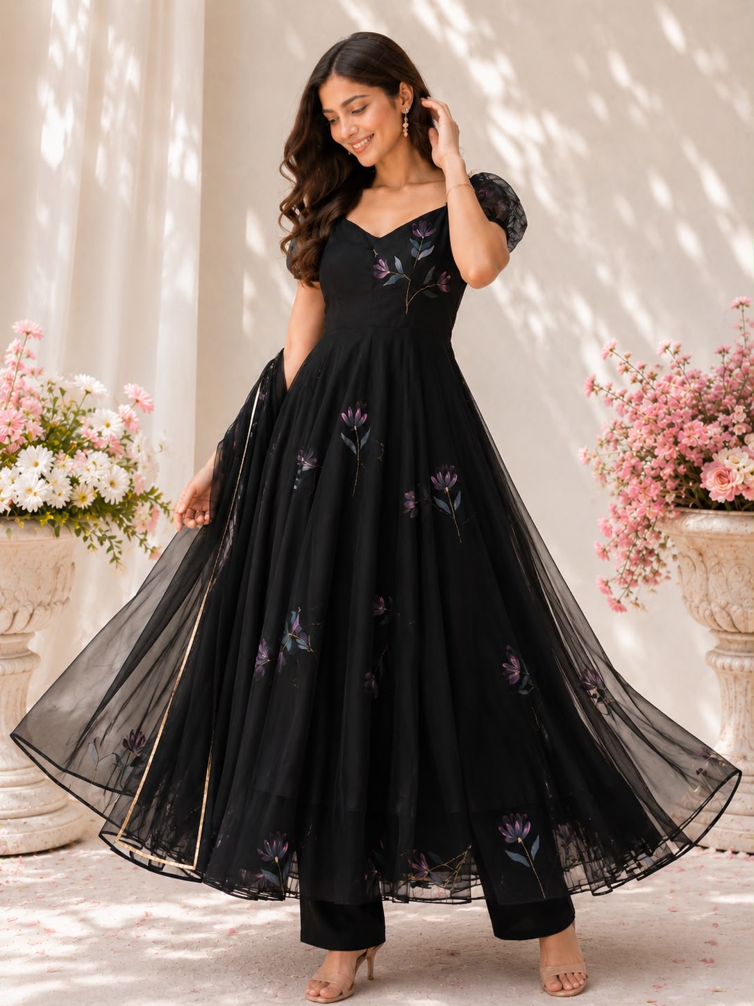 Handpainted Georgette Anarkali Suit Set with Dupatta