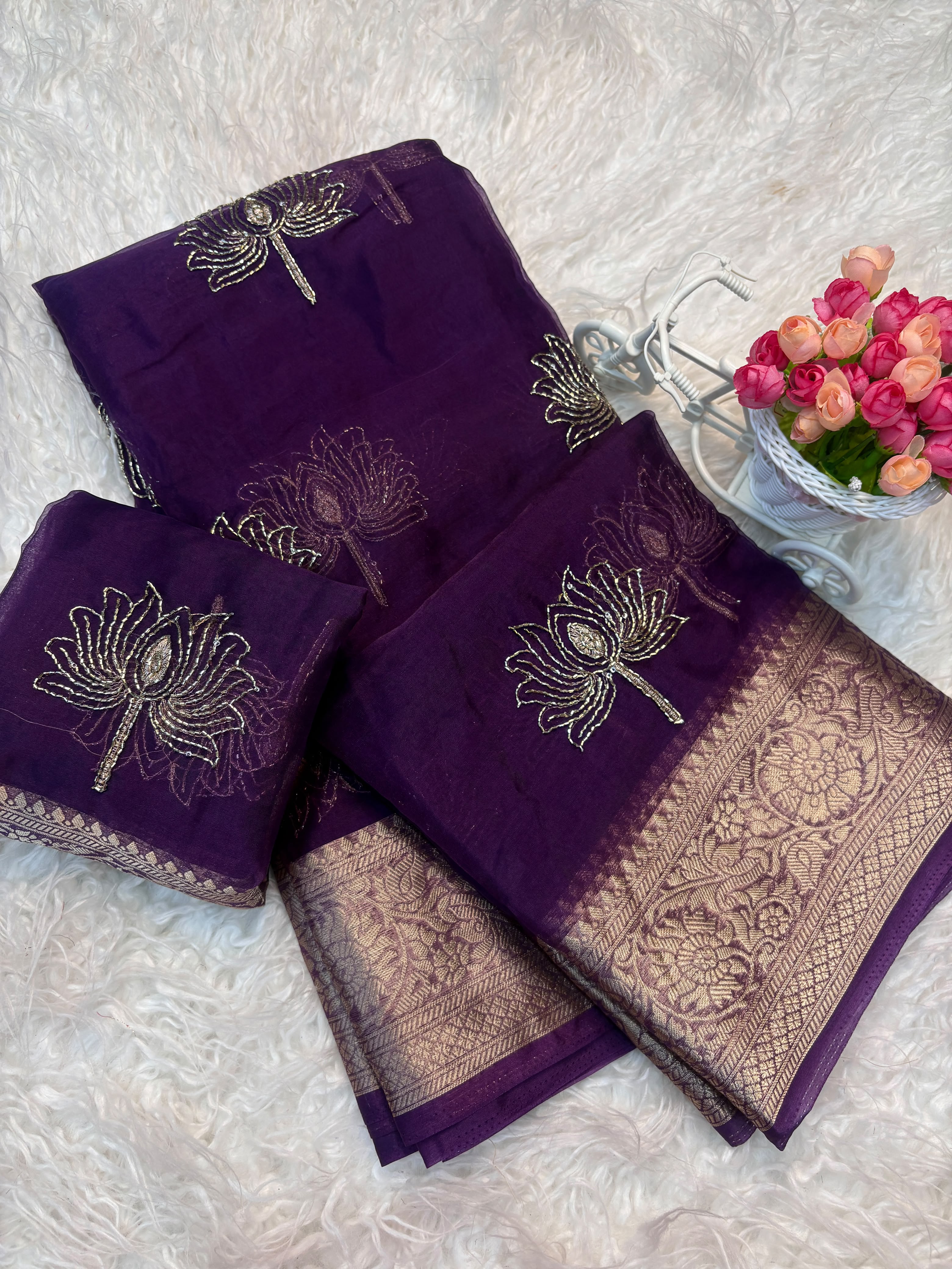 Designer Lotus Beadwork Party Wear Saree