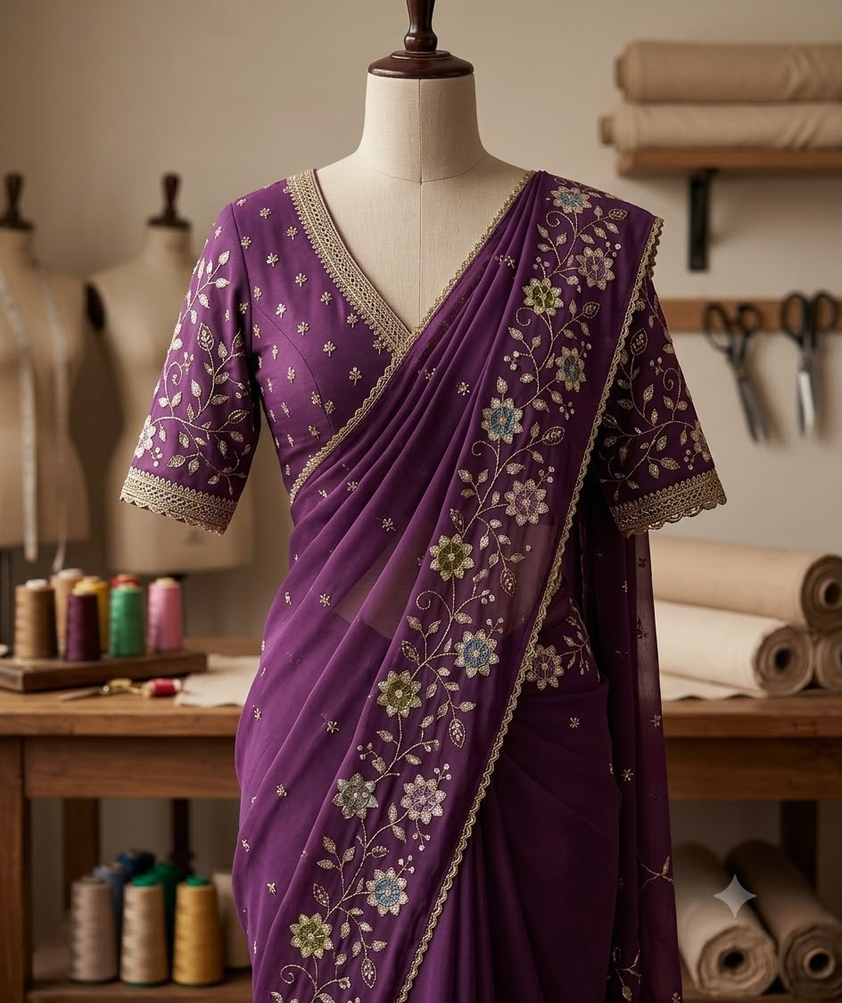 Designer Saree with Heavy Work Blouse & Lace Border