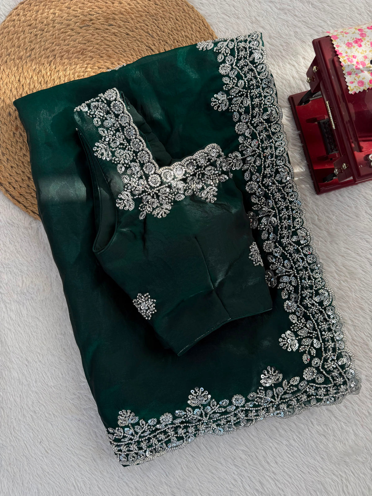 Beads & Sequins Work Fendy Silk Saree with Blouse