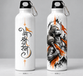 Two views of a white insulated water bottle with black caps and carabiners, labeled Side 1 and Side 2. Side 1 shows black Devanagari script with orange decorative accents, while Side 2 shows a grayscale illustration of Lord Srimad with orange drapery and an orange flame.