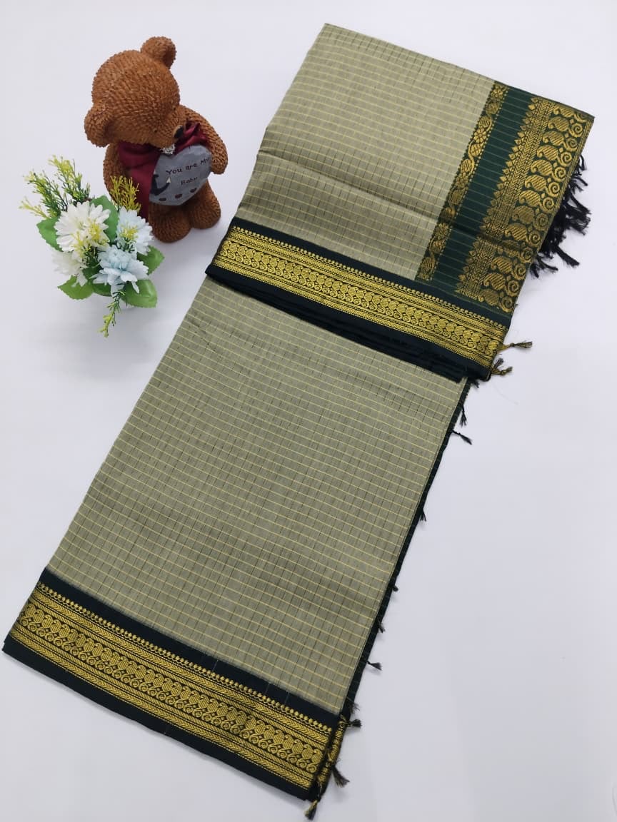 Checked Cotton Saree with Zari Pallu and Contrast Blouse