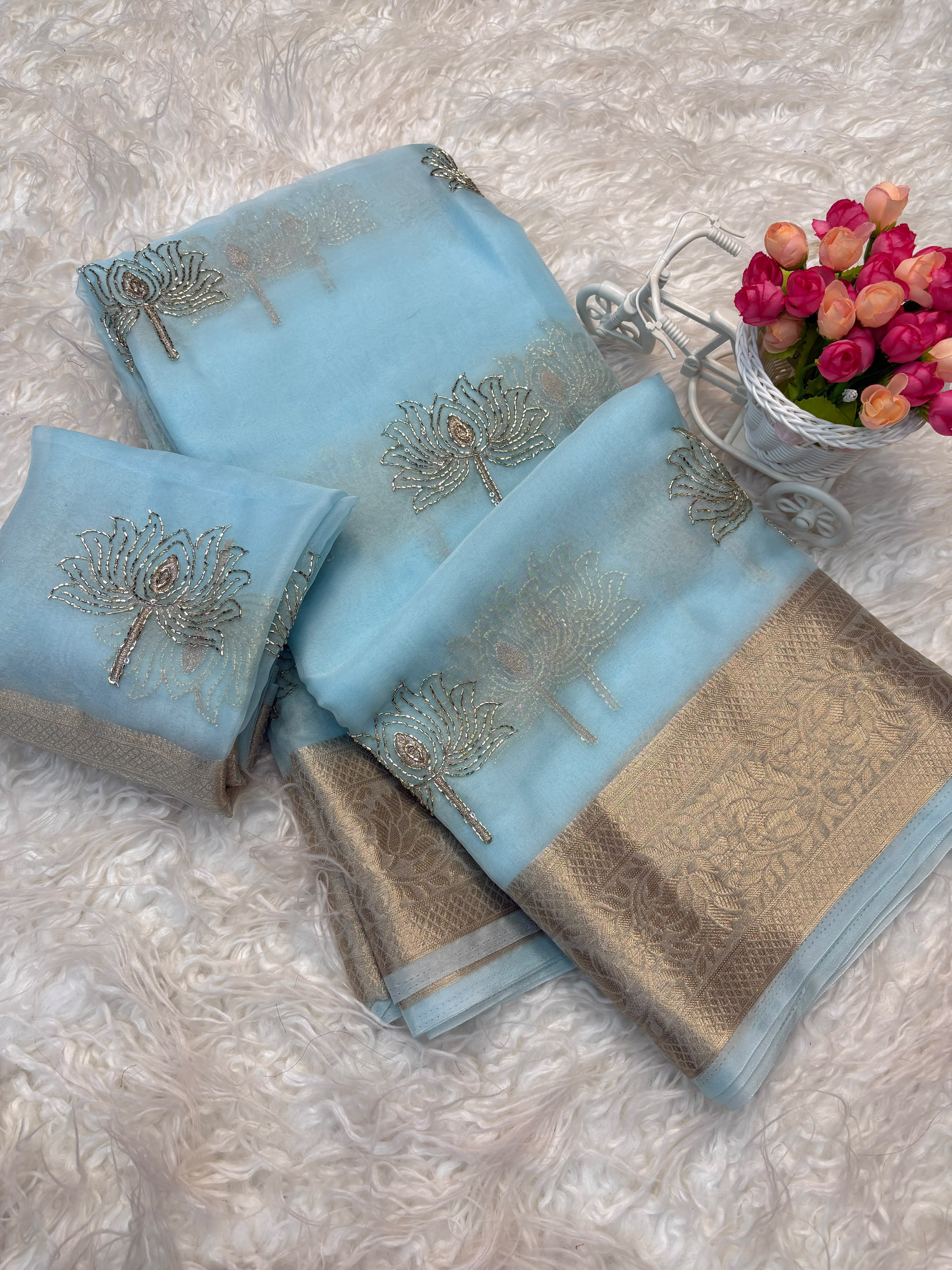 Designer Lotus Beadwork Party Wear Saree