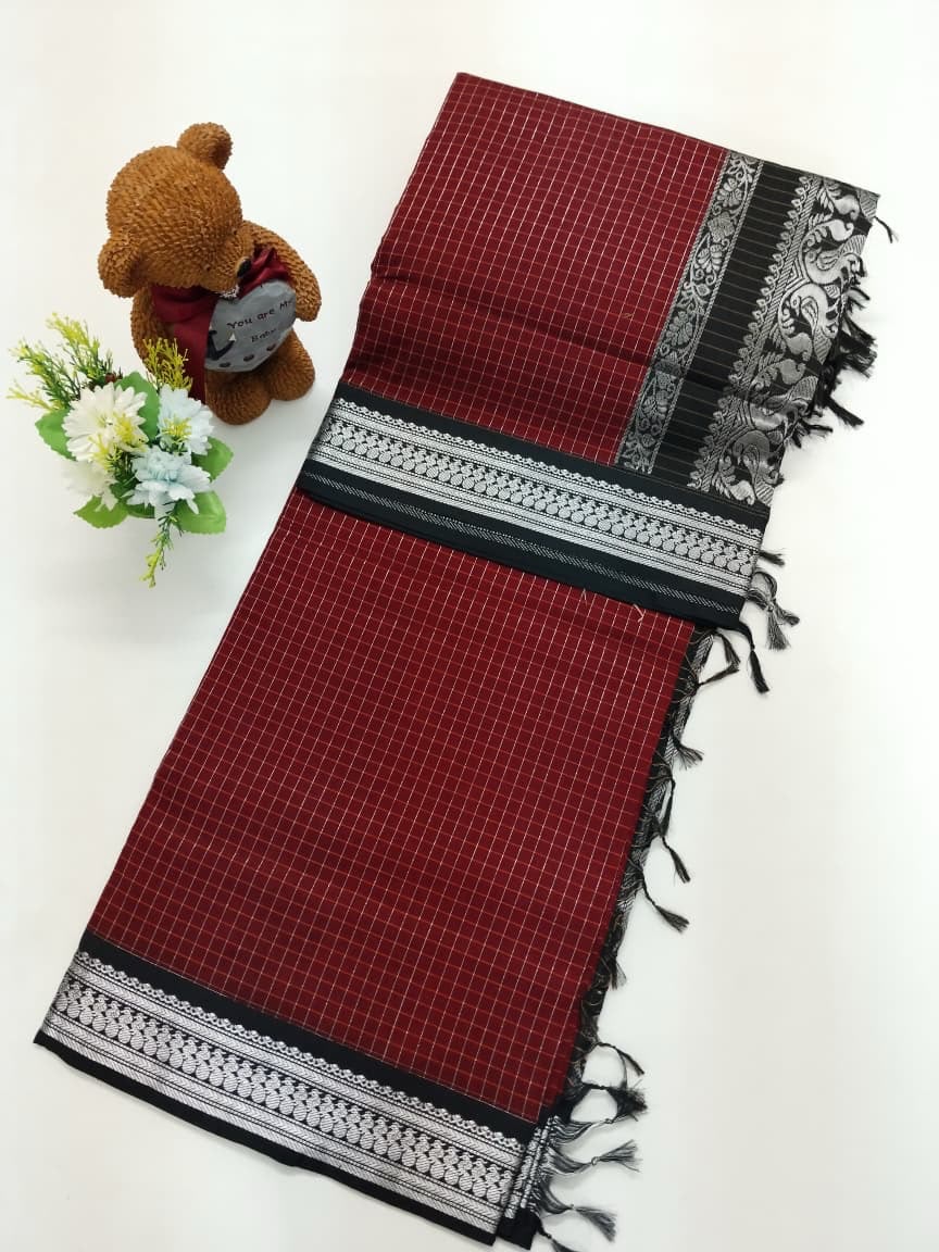 Checked Cotton Saree with Zari Pallu and Contrast Blouse