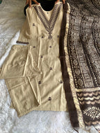 Khadi Cotton Embroidered Kurti Pant Set with Printed Dupatta