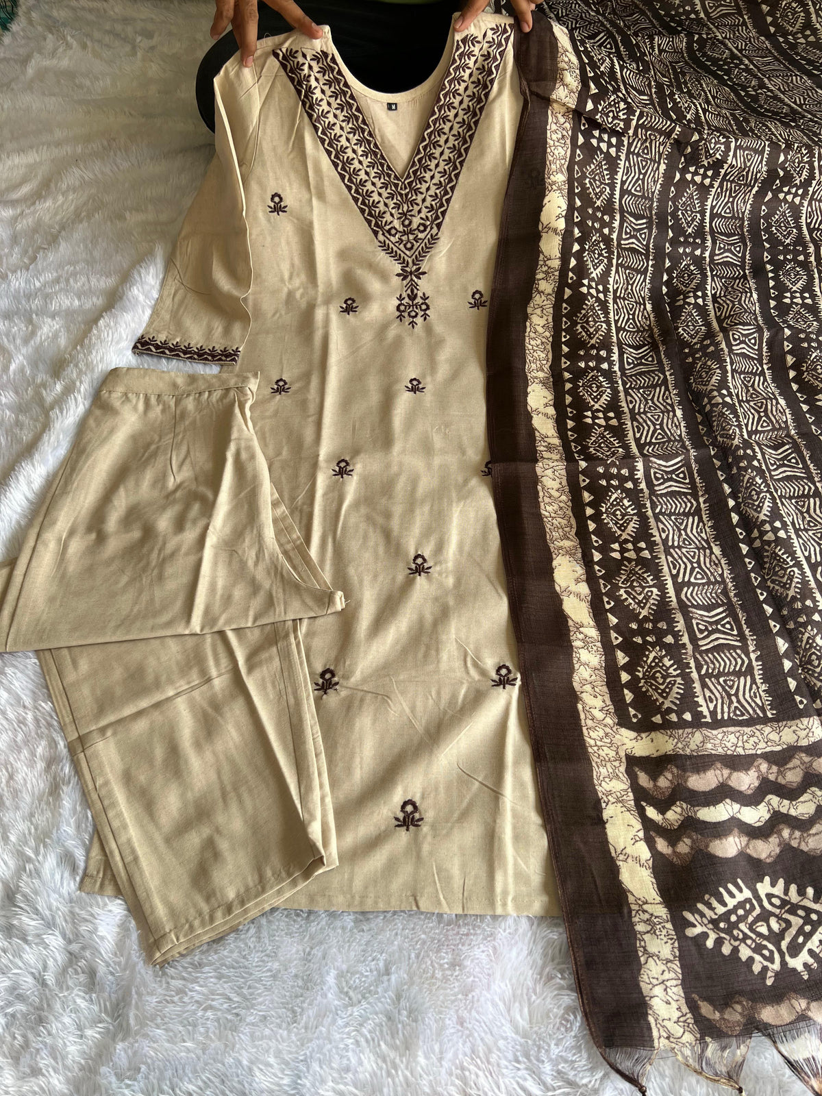 Khadi Cotton Embroidered Kurti Pant Set with Printed Dupatta