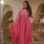 Embroidered Cotton Kurta Pant Set with Printed Cotton Malmal Dupatta