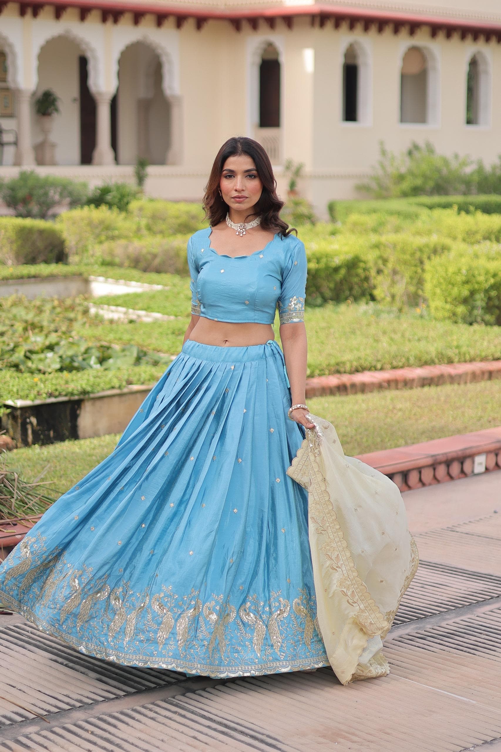 Sequins Embroidered Gold Crush Lehenga Choli Set with Dupatta