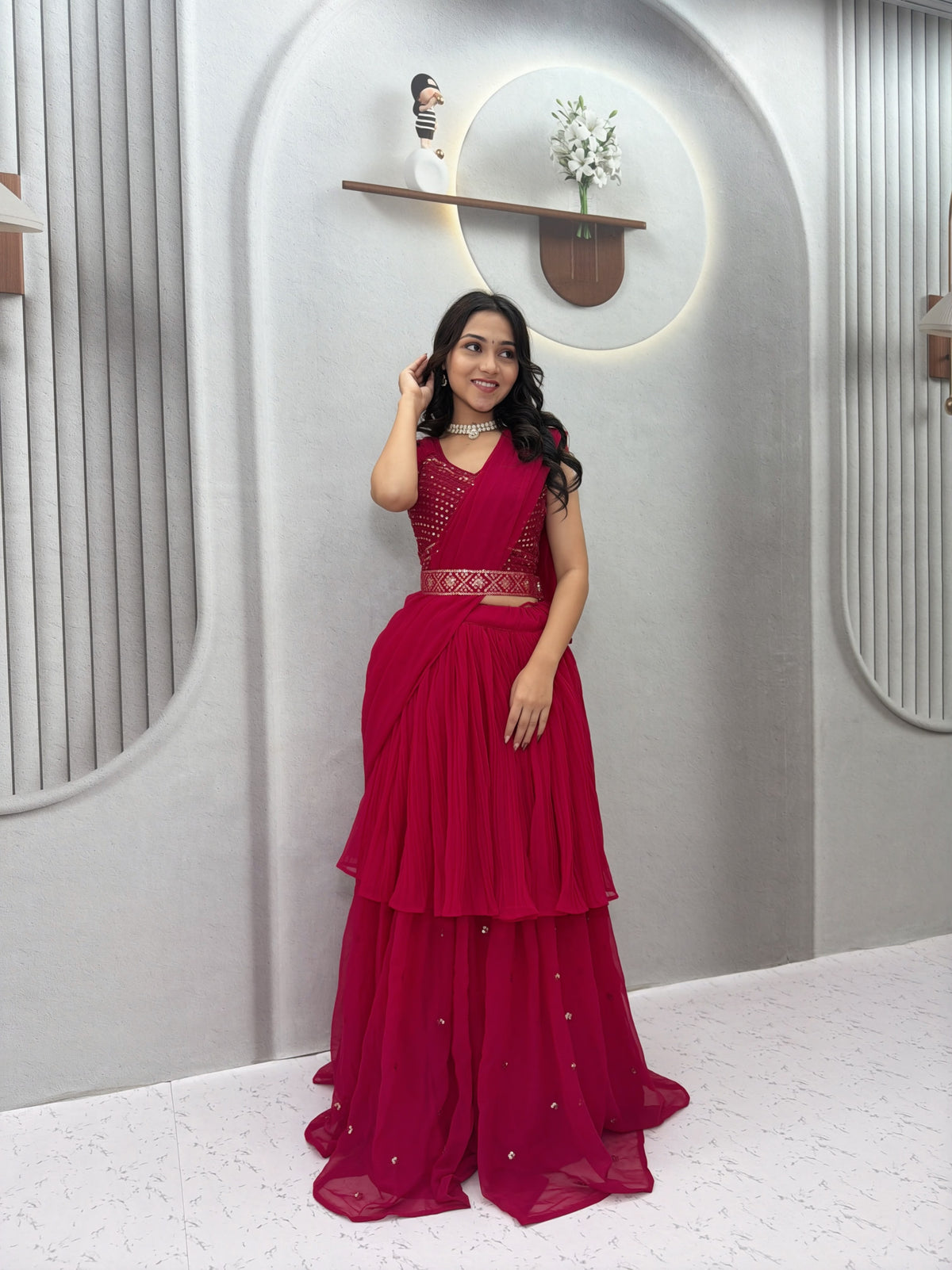 Embroidered Fox Georgette Lehenga Choli with Attached Dupatta