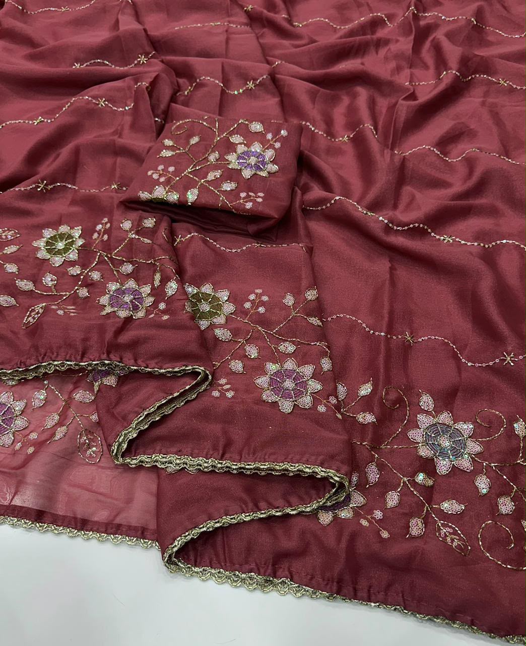 Designer Saree with Heavy Work Blouse & Lace Border