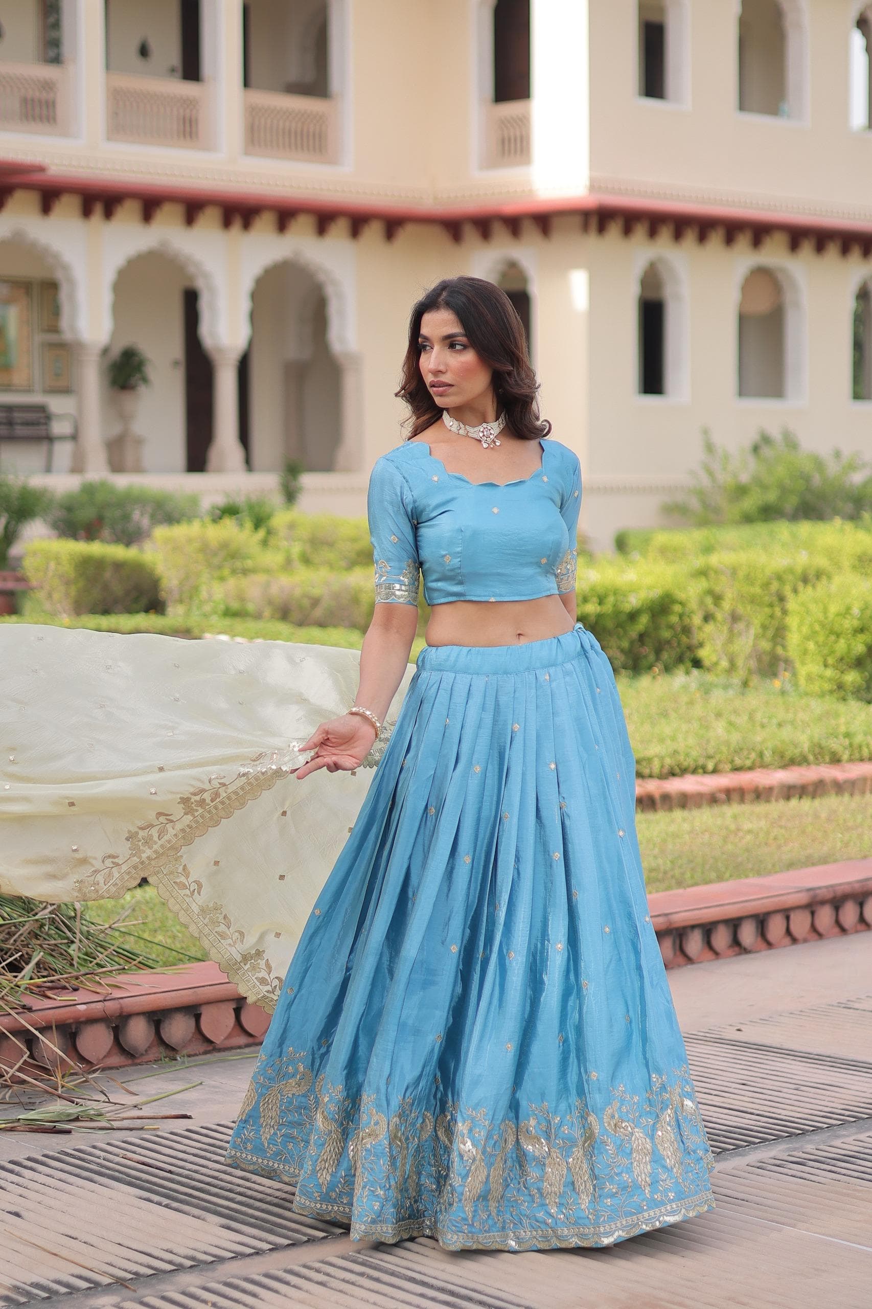 Sequins Embroidered Gold Crush Lehenga Choli Set with Dupatta