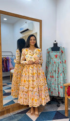 Floral Print Chanderi Cotton Maxi Dress for Women