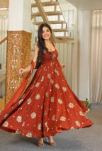 Floral Print - Muslin Long Dress with Full Flare