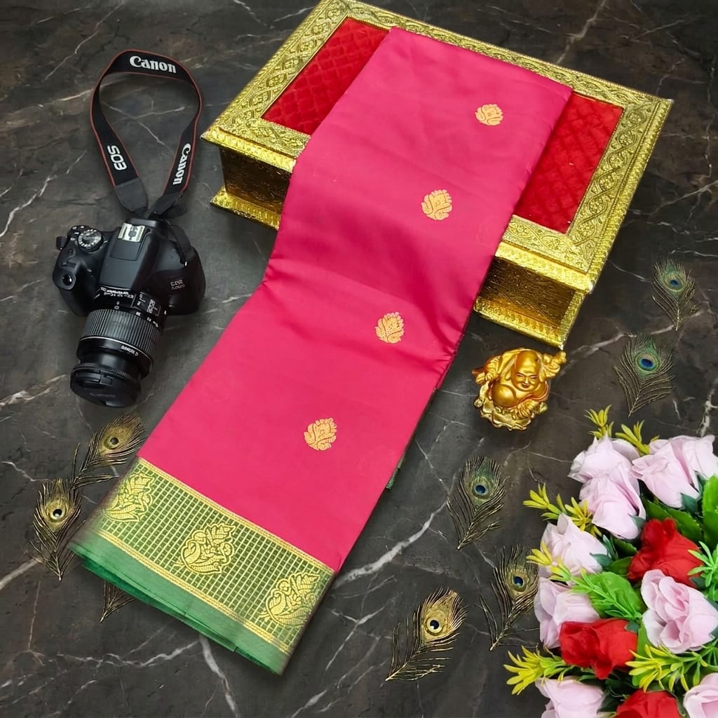 Fusion Korvai Soft Silk Saree with Golden Zari Buttas & Contrast Border
