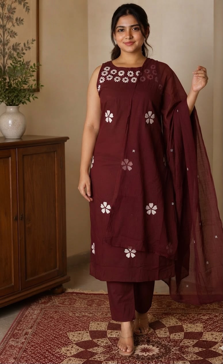 Embroidered Cotton Kurti Pant Set with Dupatta