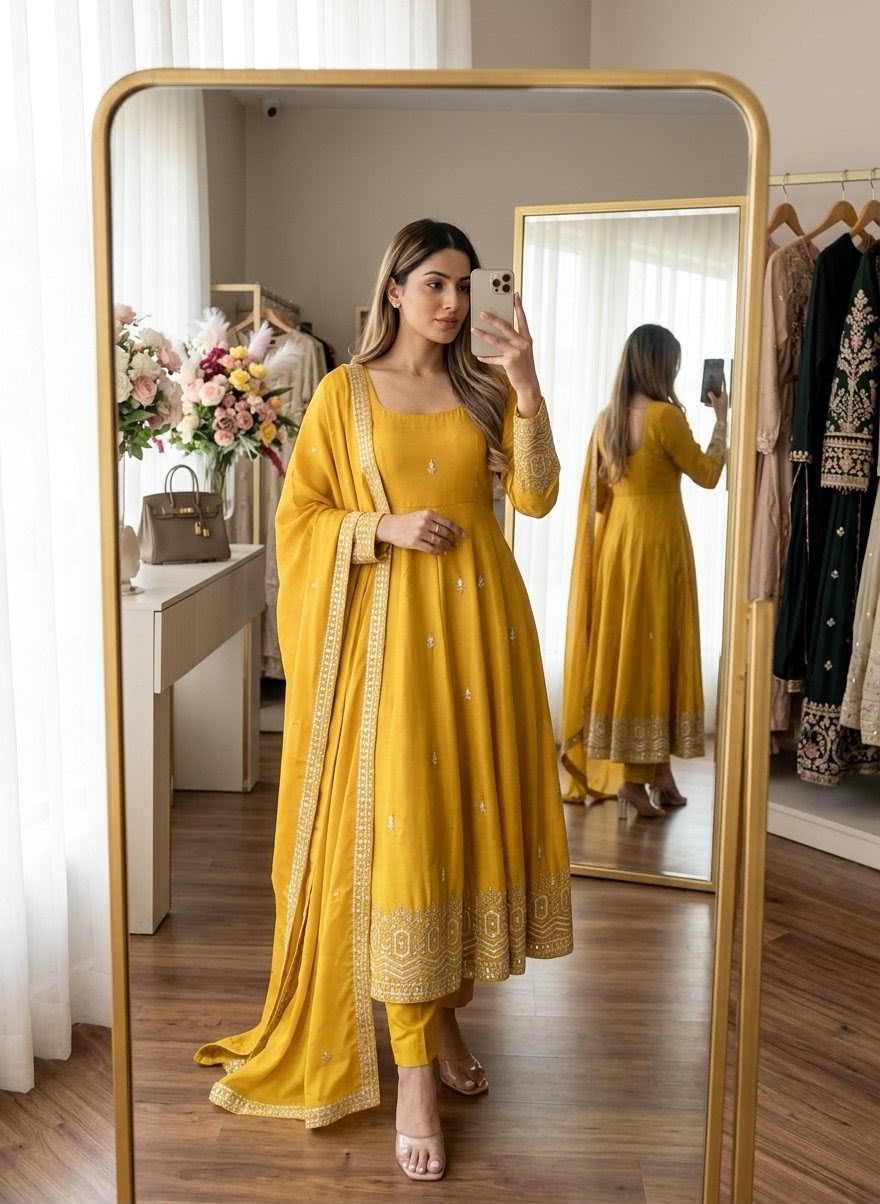 Embroidered Chinon Silk Gown Pant Set with Dupatta