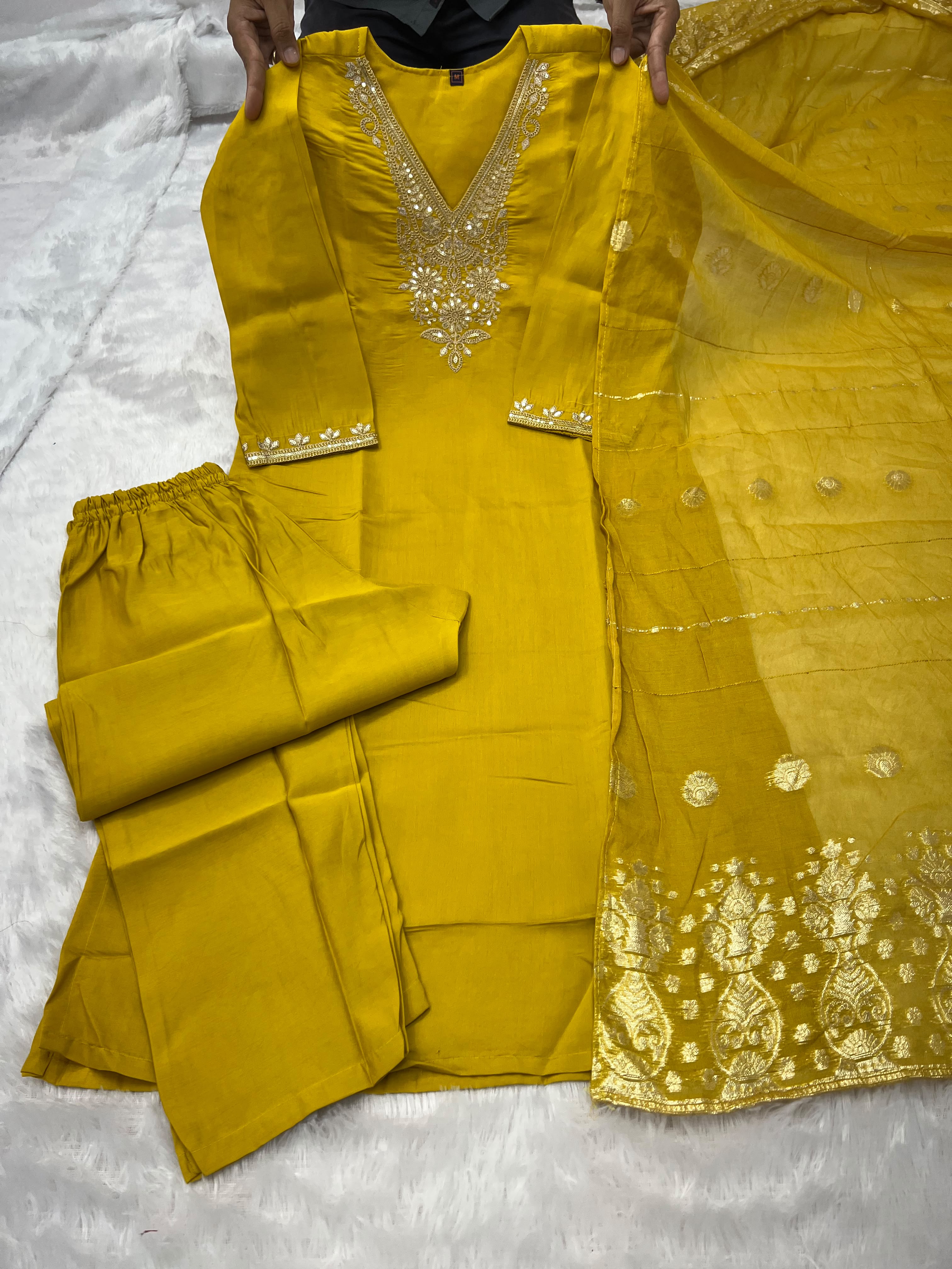 Embroidered Roman Silk Kurti Pant Set with Cotton Silk Dupatta