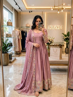Embroidered Chinon Silk Gown Pant Set with Dupatta
