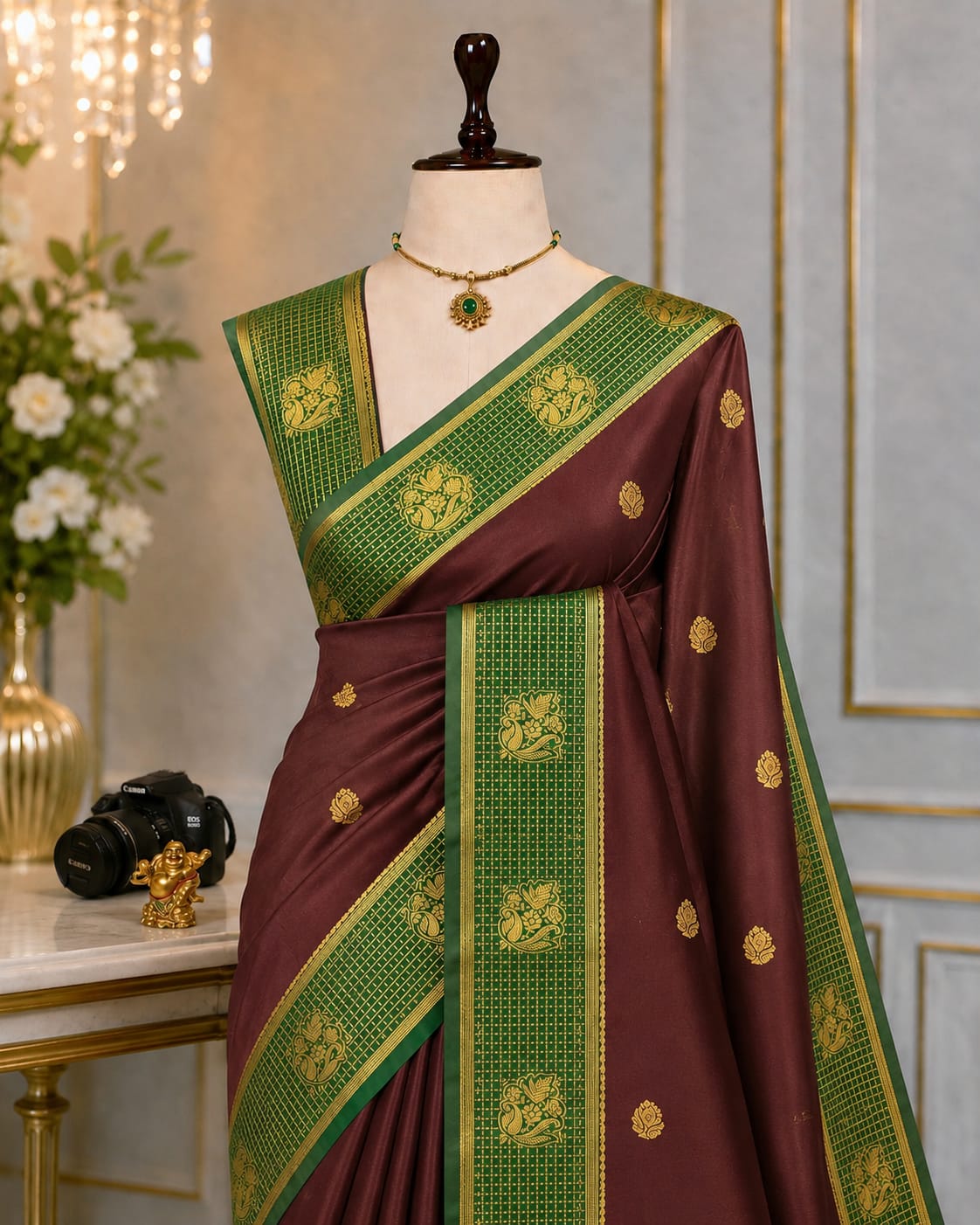 Fusion Korvai Soft Silk Saree with Golden Zari Buttas & Contrast Border