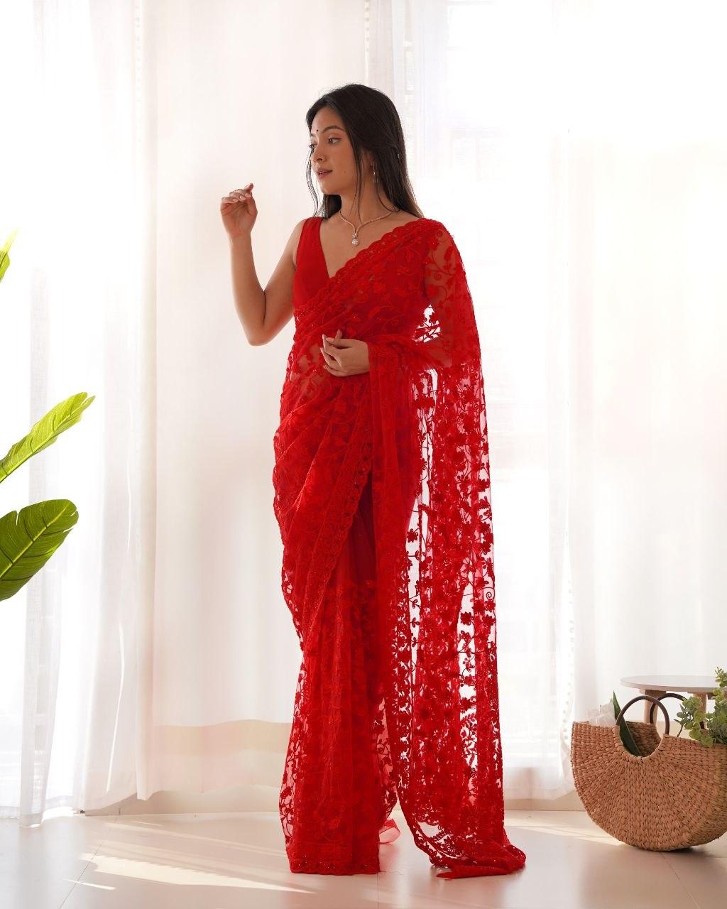 Heavy Butterfly Net Saree with Tone-to-Tone Aari & Stone Work