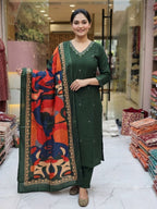 Cotton Straight Kurta Pant Dupatta Set with Zari Work