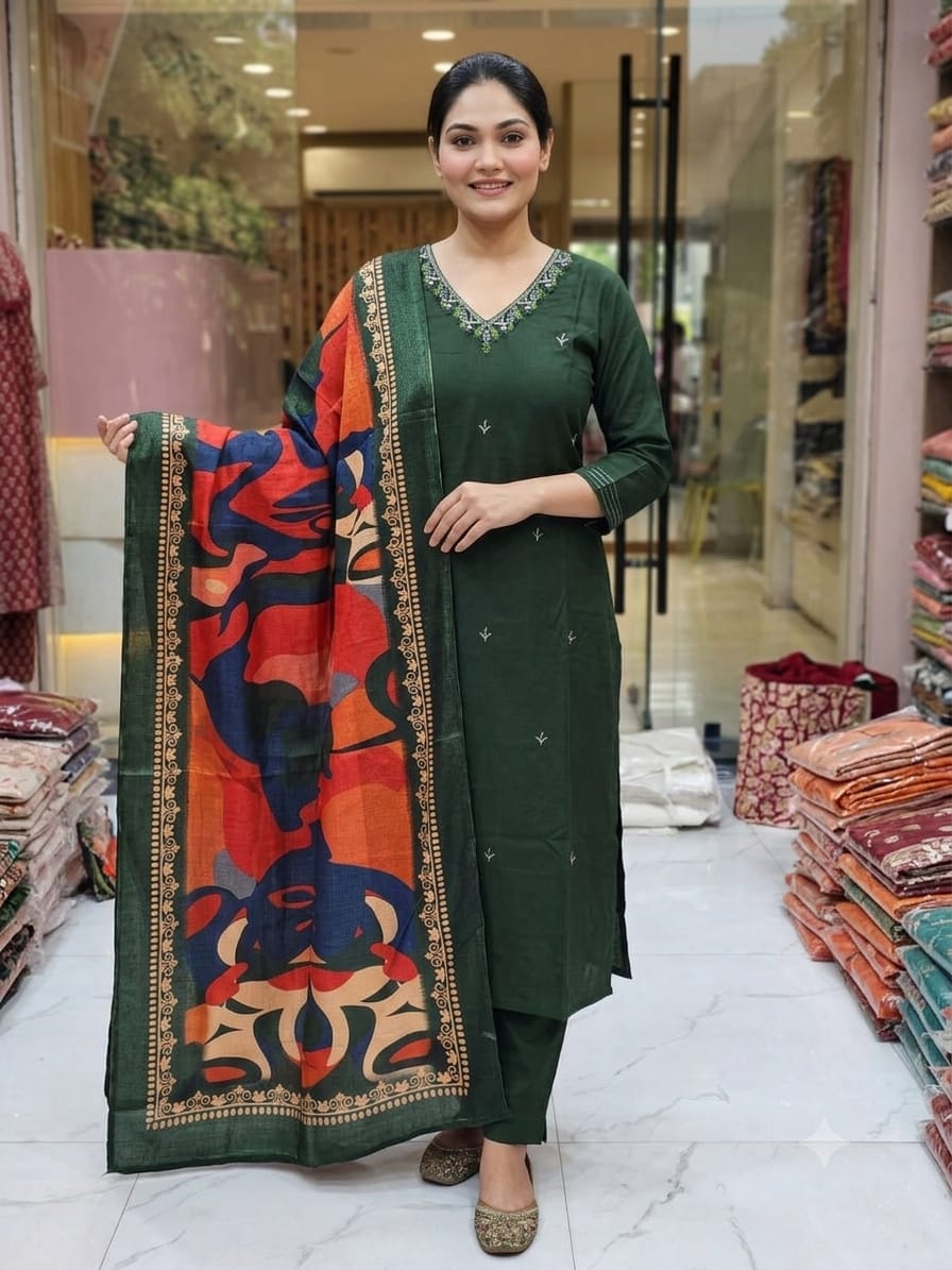 Cotton Straight Kurta Pant Dupatta Set with Zari Work