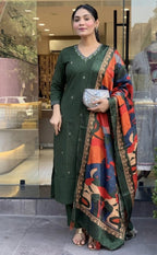 Cotton Straight Kurta Pant Dupatta Set with Zari Work