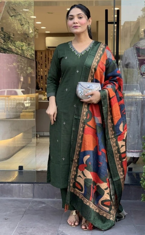 Cotton Straight Kurta Pant Dupatta Set with Zari Work