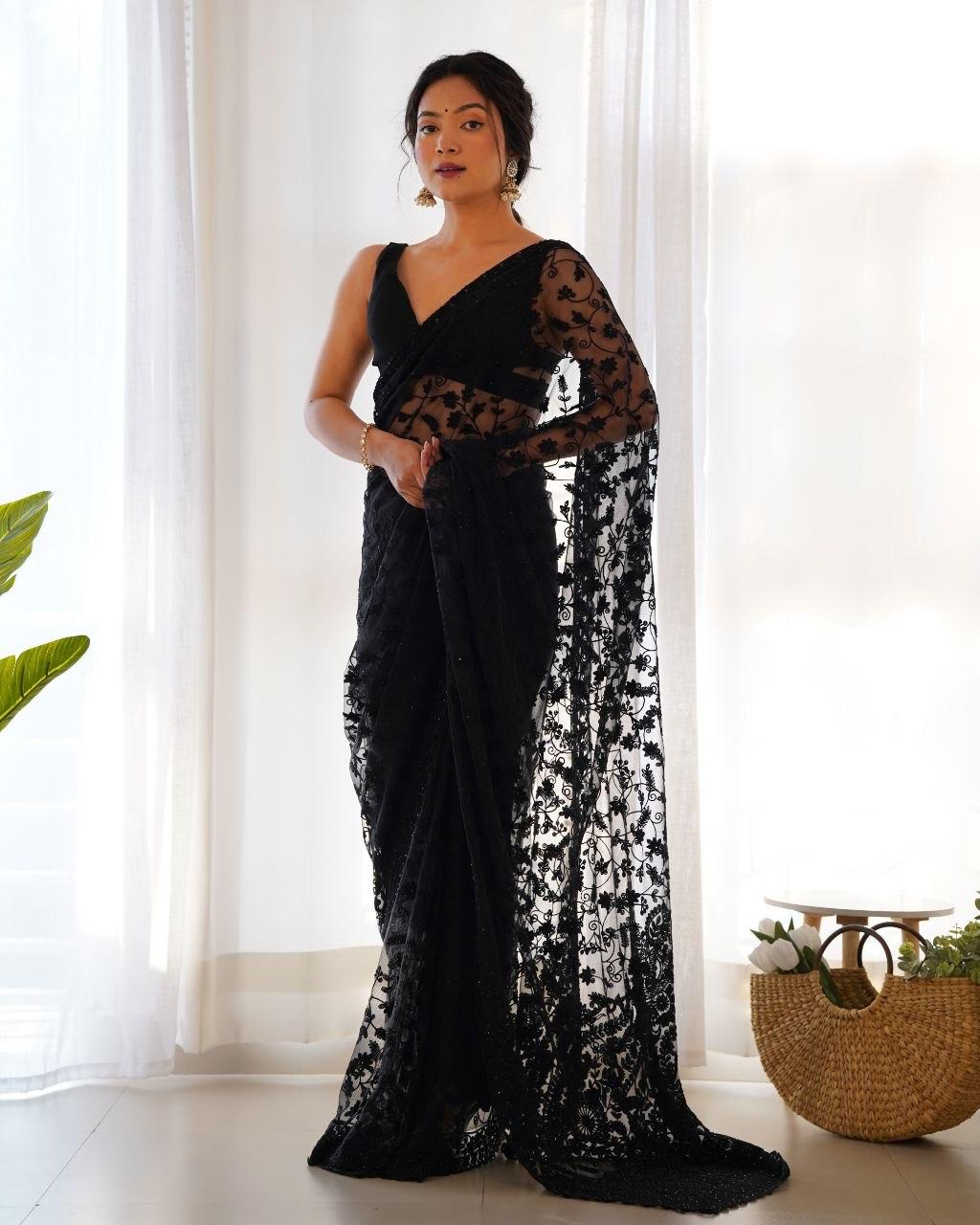 Heavy Butterfly Net Saree with Tone-to-Tone Aari & Stone Work
