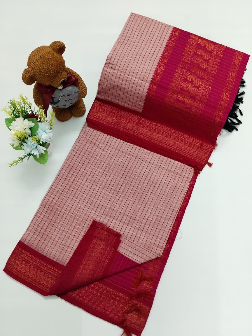 Checked Cotton Saree with Zari Pallu and Contrast Blouse