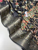 Floral Print Digital Silk Saree with Mirror Work