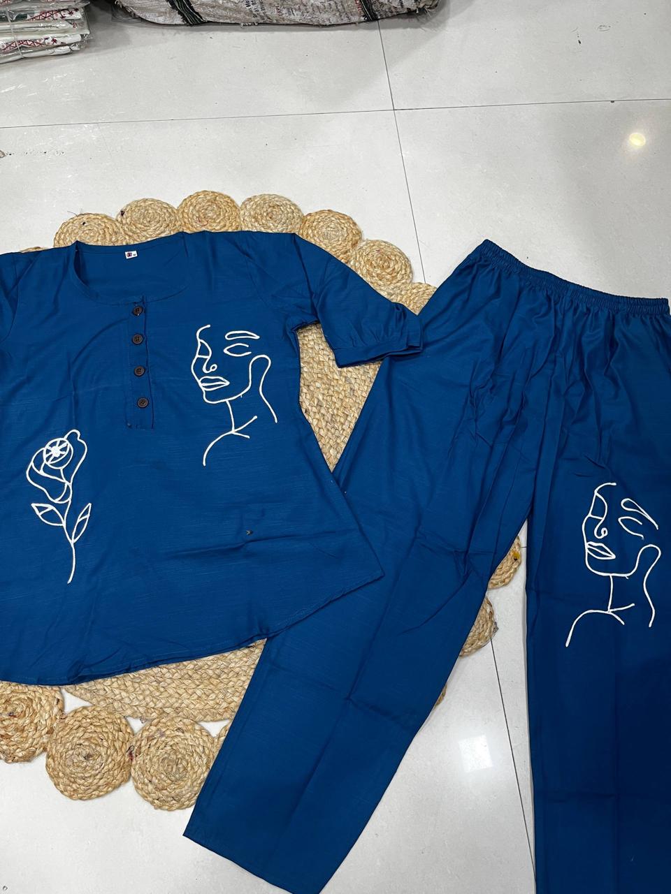 Rayon Slub Embroidered Top & Pant Co-Ord Set