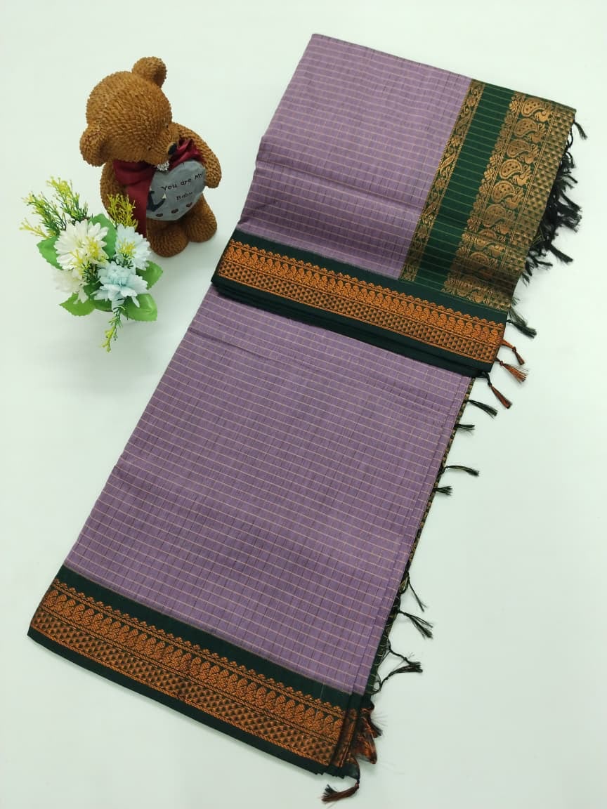 Checked Cotton Saree with Zari Pallu and Contrast Blouse
