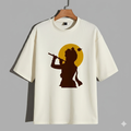 White t-shirt with a silhouette design of a person holding a flute against a yellow circle on a gray background.