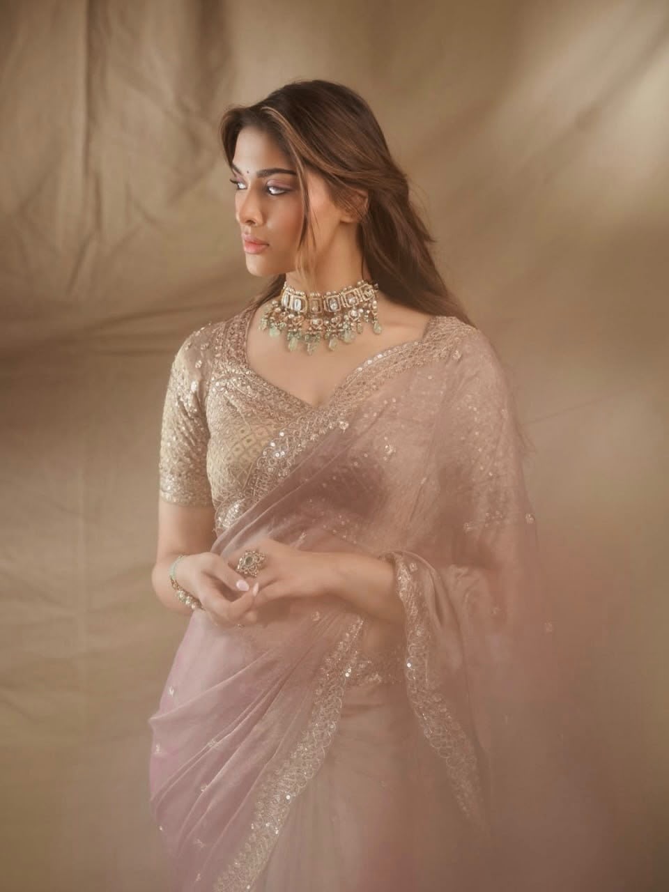 Thread and Sequins Work Tissue Crush Saree with Unstitched Blouse